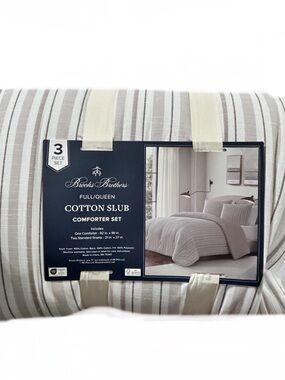 Brooks Brothers Tan and White Striped Cotton Slub Queen Comforter Set 90”x90”